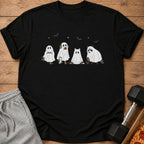 Black t-shirt with cartoon animals dressed as ghosts for Halloween.