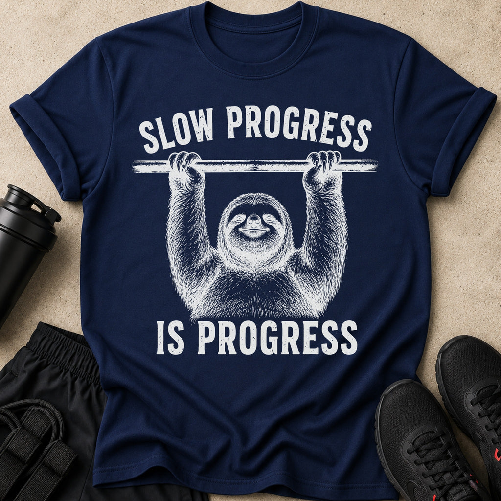 Navy t-shirt with a sloth design and "SLOW PROGRESS IS PROGRESS" text.