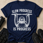 Navy t-shirt with a sloth design and "SLOW PROGRESS IS PROGRESS" text.