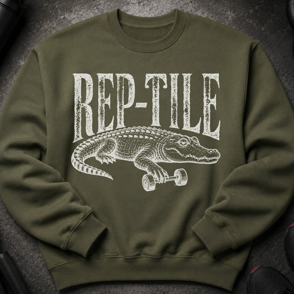 Green sweatshirt with white alligator lifting dumbbells and "REP-TILE" text.