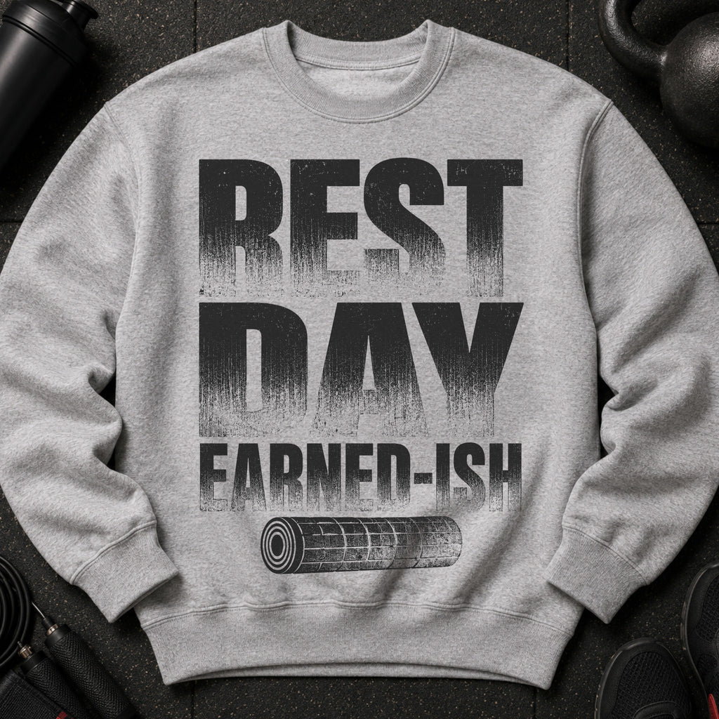 Grey crewneck sweatshirt with "BEST DAY EARNED-ISH" graphic and foam roller.