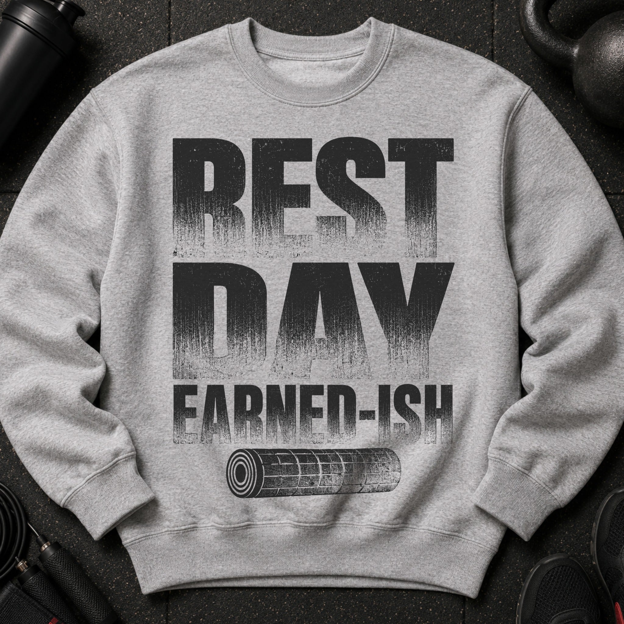 Grey crewneck sweatshirt with "BEST DAY EARNED-ISH" graphic and foam roller.