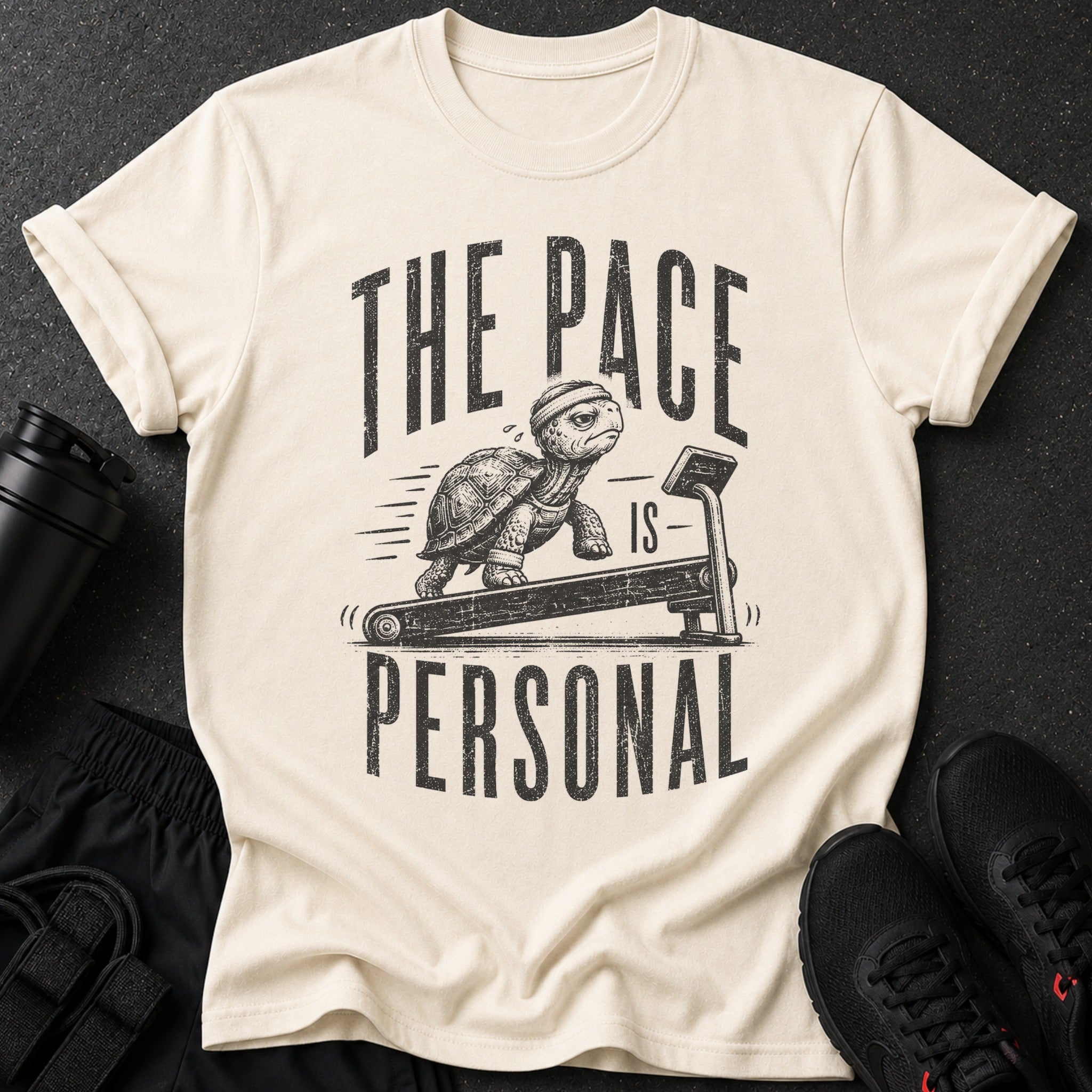 Cream t-shirt with graphic of a tortoise on a treadmill and text "THE PACE IS PERSONAL".