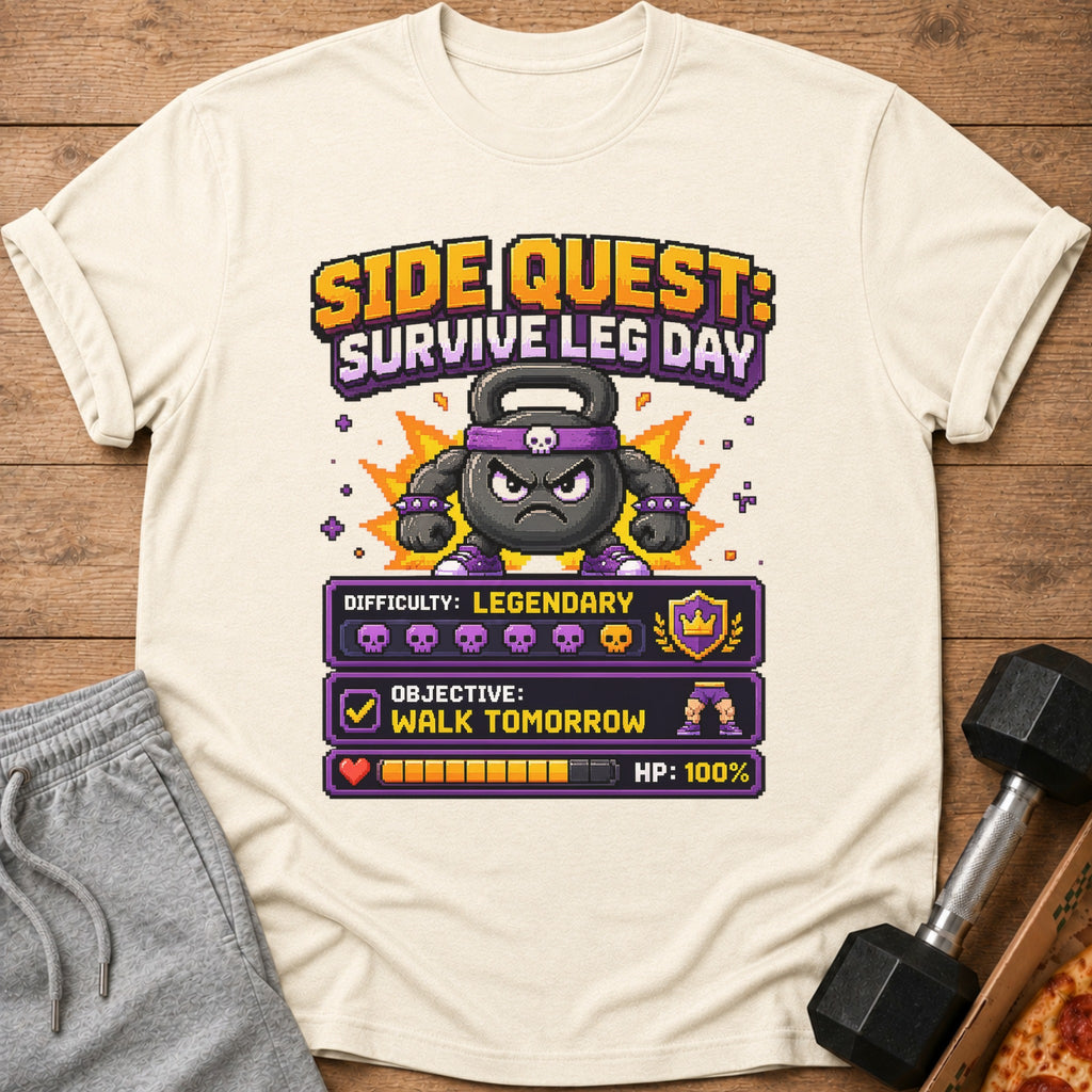Pixel art t-shirt with kettlebell character, "Side Quest: Survive Leg Day" text.