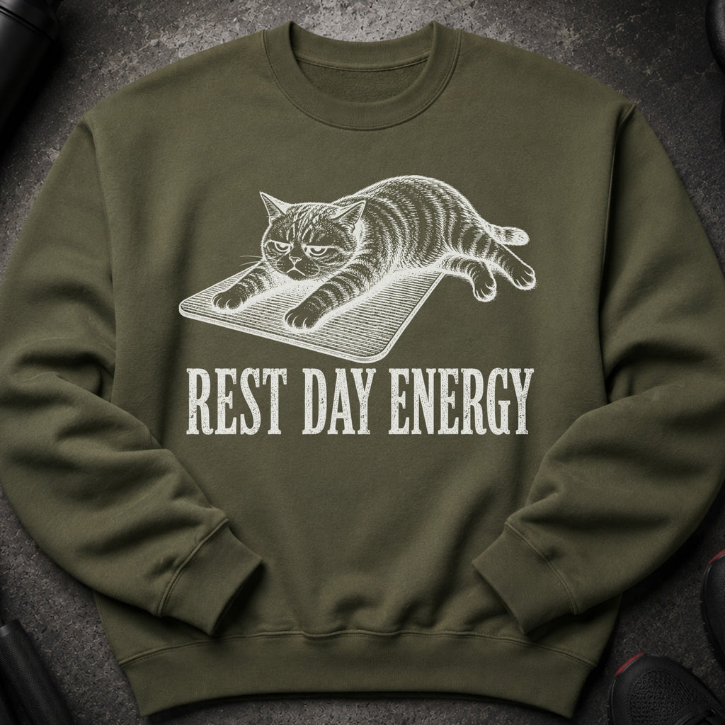 Green sweatshirt with a sketched cat and the text "REST DAY ENERGY."