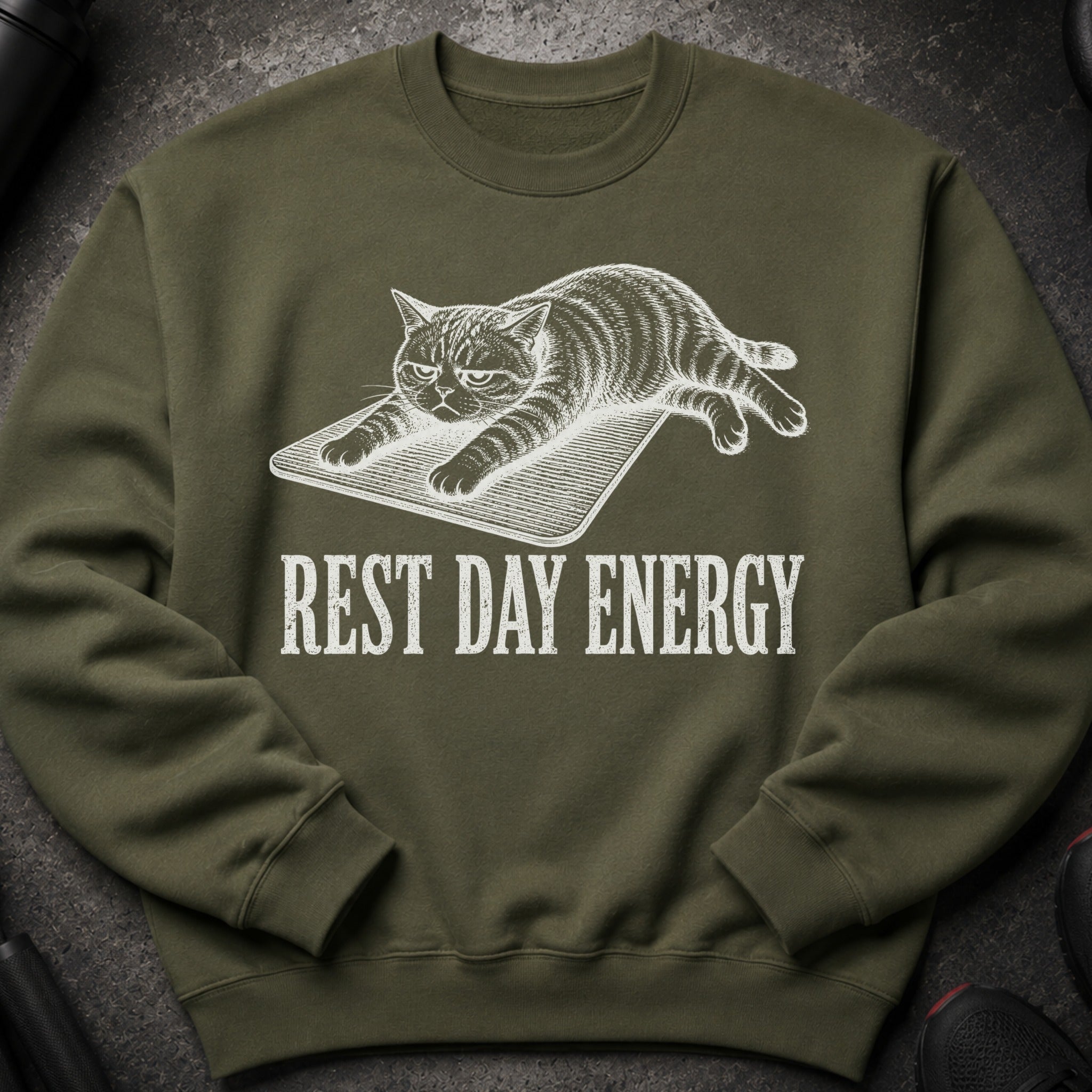 Green sweatshirt with a sketched cat and the text "REST DAY ENERGY."