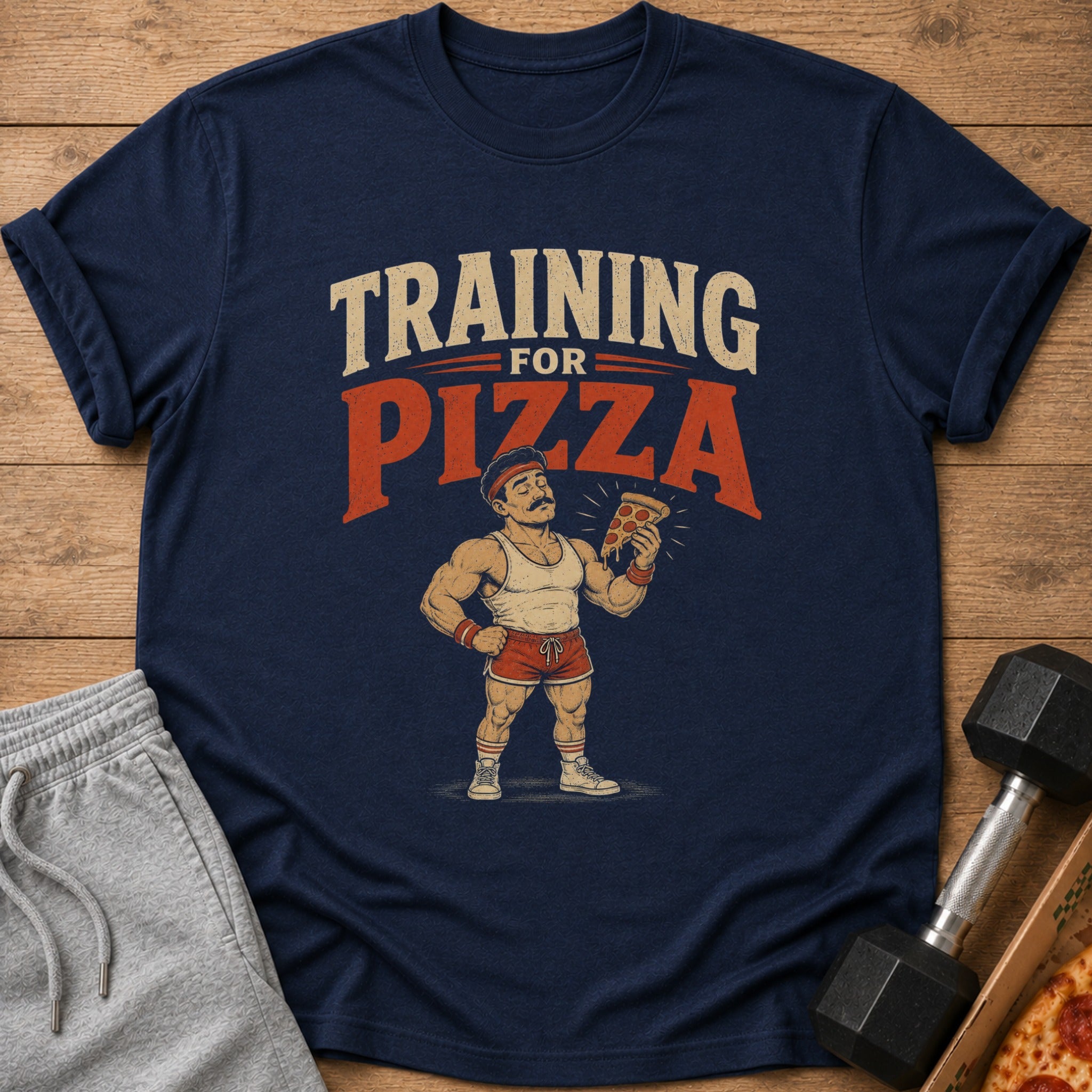 Navy t-shirt with "TRAINING FOR PIZZA" text and cartoon man holding pizza.
