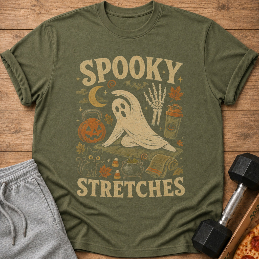 Olive t-shirt with "SPOOKY STRETCHES" text and Halloween-themed yoga ghost design.