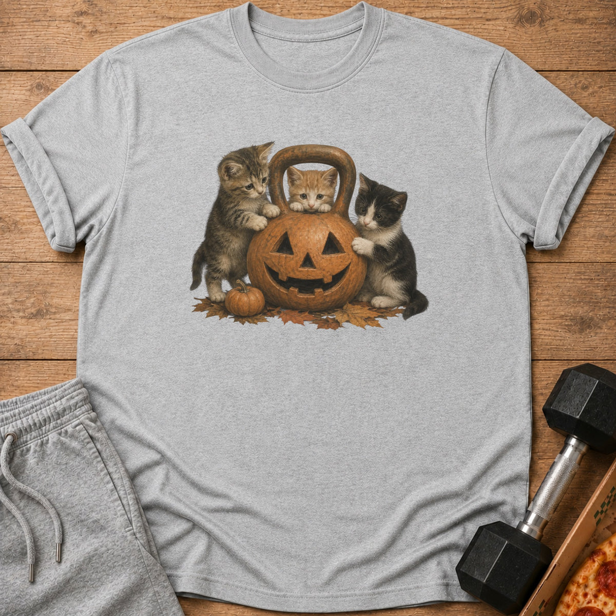 Three kittens around a jack-o'-lantern with a small pumpkin and autumn leaves.
