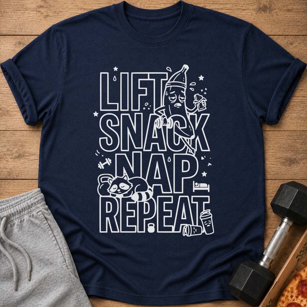 Navy t-shirt with "Lift Snack Nap Repeat" text and cartoon fitness graphics.