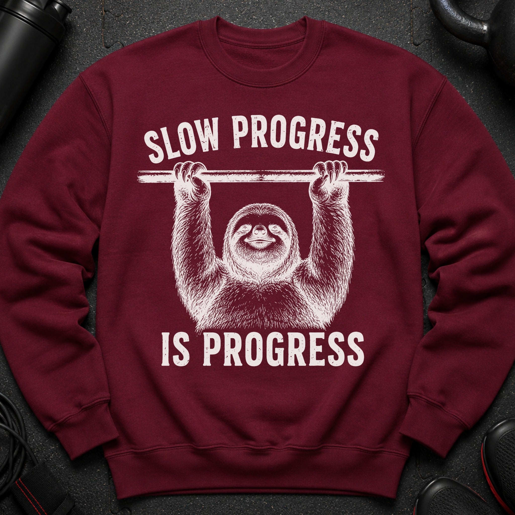 Maroon sweatshirt with graphic of a sloth holding a barbell and the text "SLOW PROGRESS IS PROGRESS".