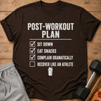 Brown t-shirt with "Post-Workout Plan" text and checklist items.