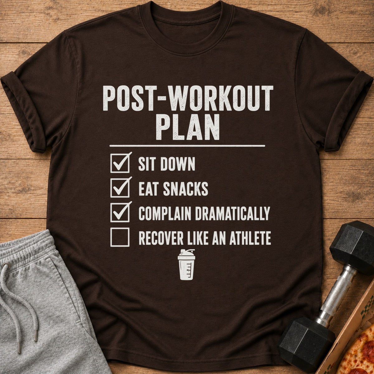 Brown t-shirt with "Post-Workout Plan" text and checklist items.