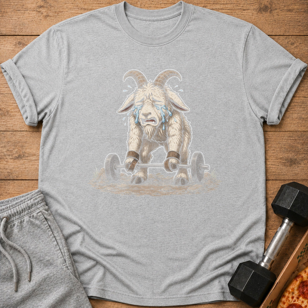 Crying goat struggling to lift a barbell on a grey t-shirt.