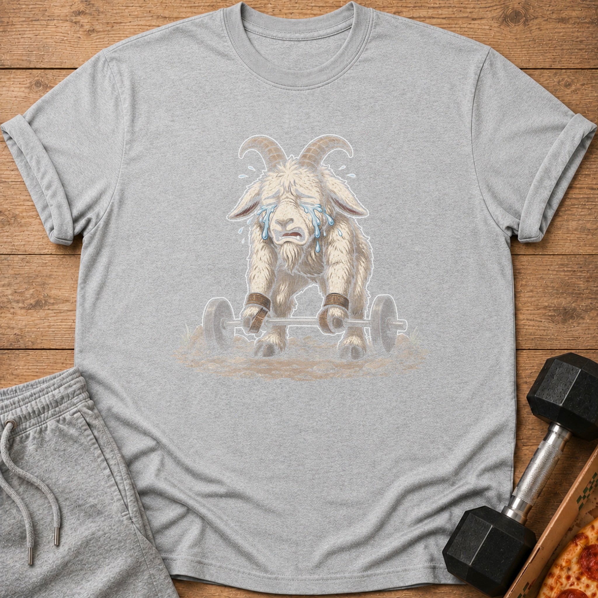 Crying goat struggling to lift a barbell on a grey t-shirt.
