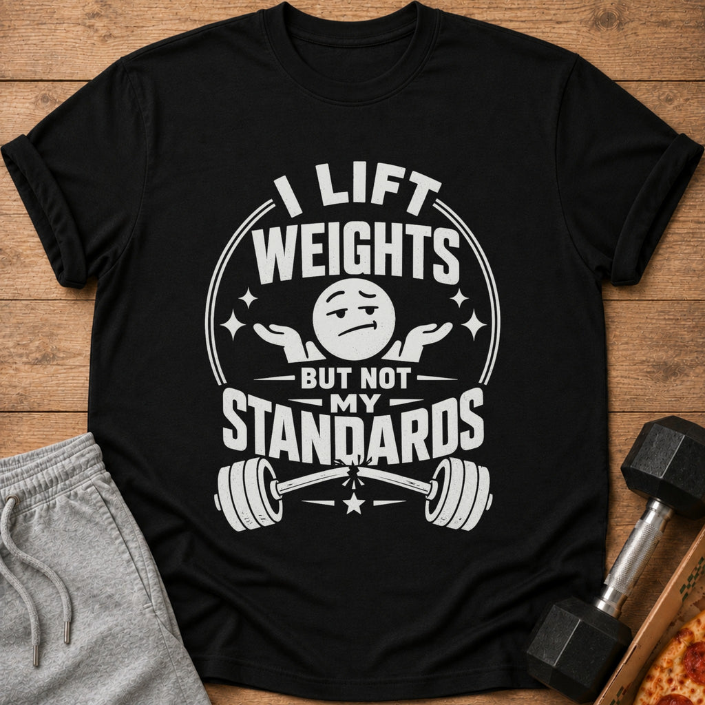 Black t-shirt with text "I lift weights but not my standards" and barbell graphic.