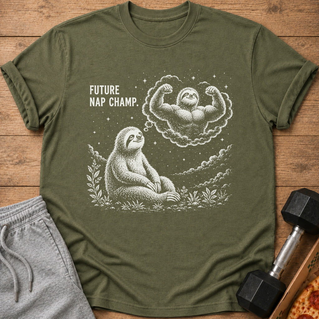 Green t-shirt with a sloth dreaming of a muscular sloth, text reads "FUTURE NAP CHAMP."