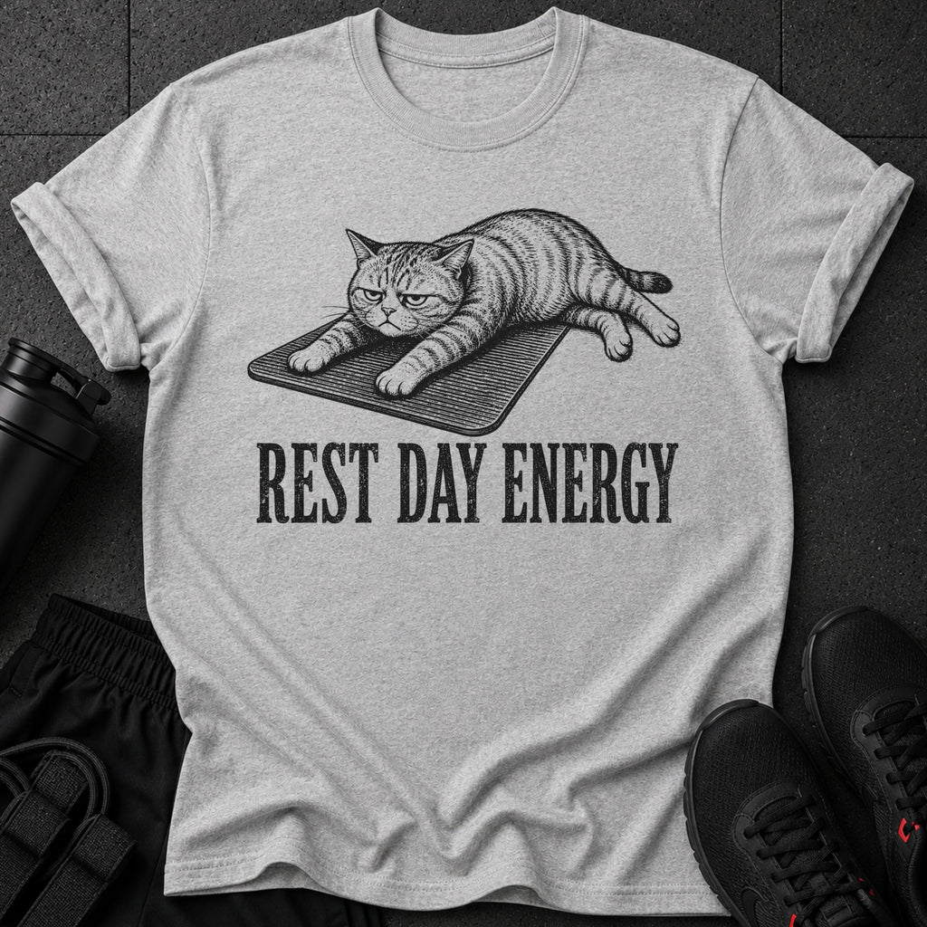 Grey t-shirt with a grumpy cat graphic and "REST DAY ENERGY" text.