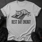 Grey t-shirt with a grumpy cat graphic and "REST DAY ENERGY" text.