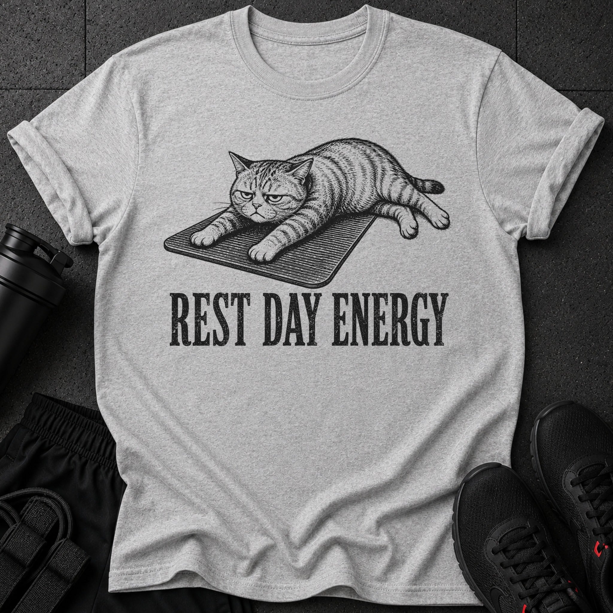 Grey t-shirt with a grumpy cat graphic and "REST DAY ENERGY" text.