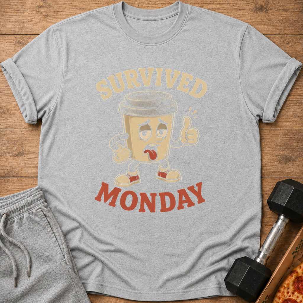 Gray t-shirt with cartoon coffee cup saying "Survived Monday" and giving thumbs up.