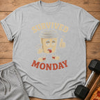 Gray t-shirt with cartoon coffee cup saying "Survived Monday" and giving thumbs up.