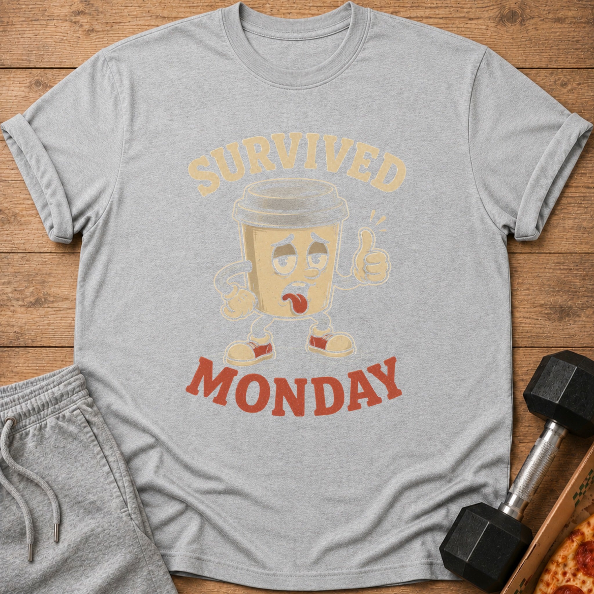 Gray t-shirt with cartoon coffee cup saying "Survived Monday" and giving thumbs up.