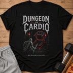 Black t-shirt with "Dungeon of Cardio" text, a knight facing a treadmill.