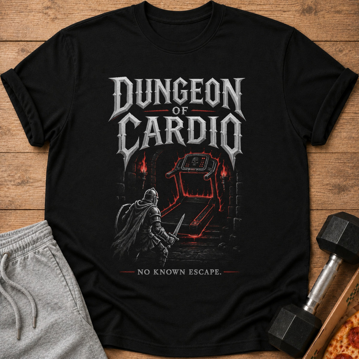 Black t-shirt with "Dungeon of Cardio" text, a knight facing a treadmill.