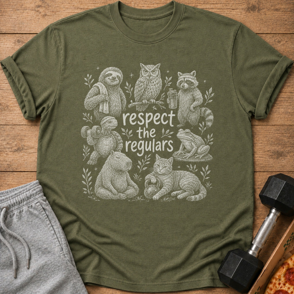 Green t-shirt with a white line drawing of animals and the text "respect the regulars".