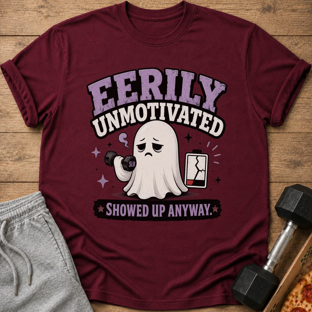 Maroon t-shirt with a cartoon ghost holding a 5lb dumbbell and a cracked battery.