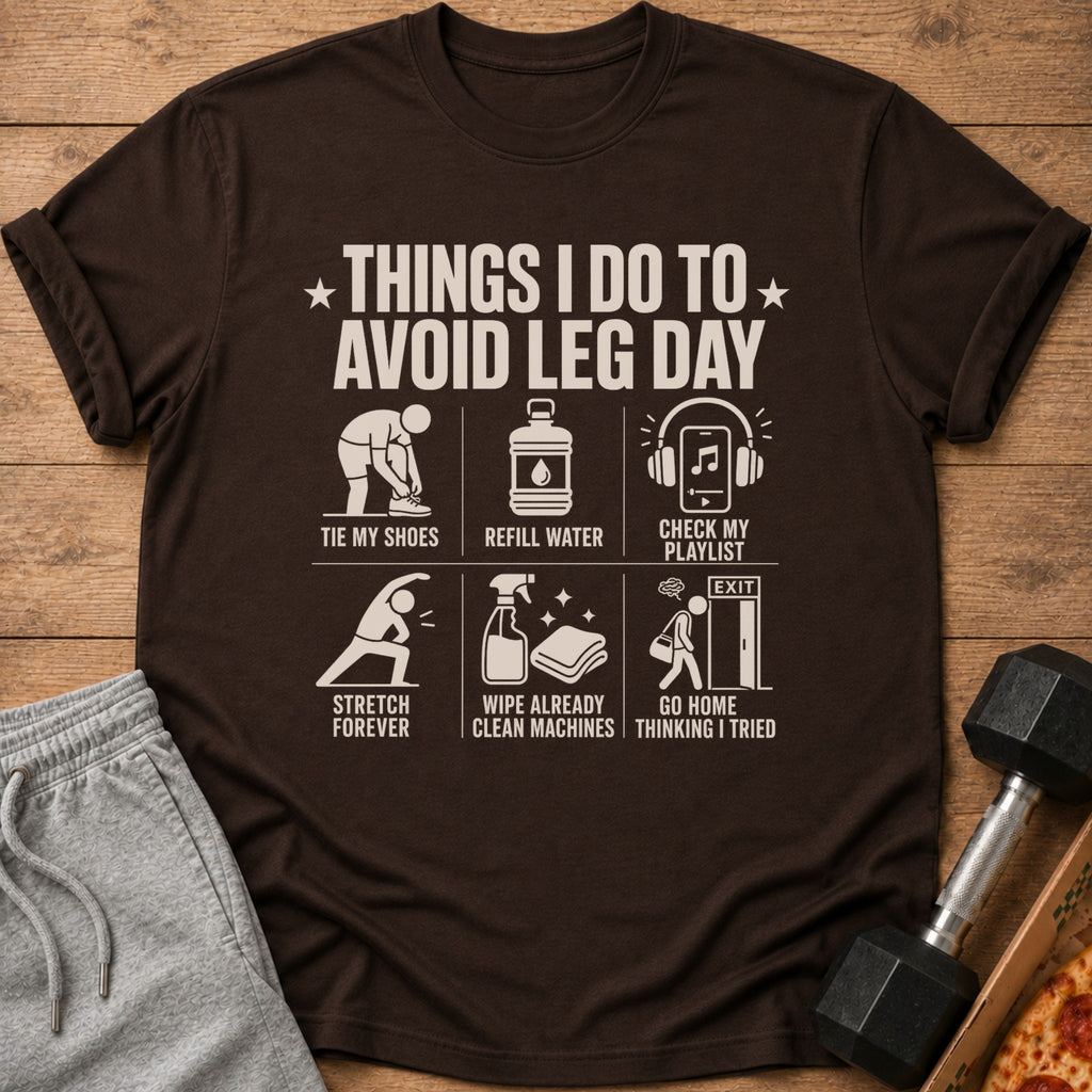 T-shirt with text "Things I do to avoid leg day" and humorous illustrations.