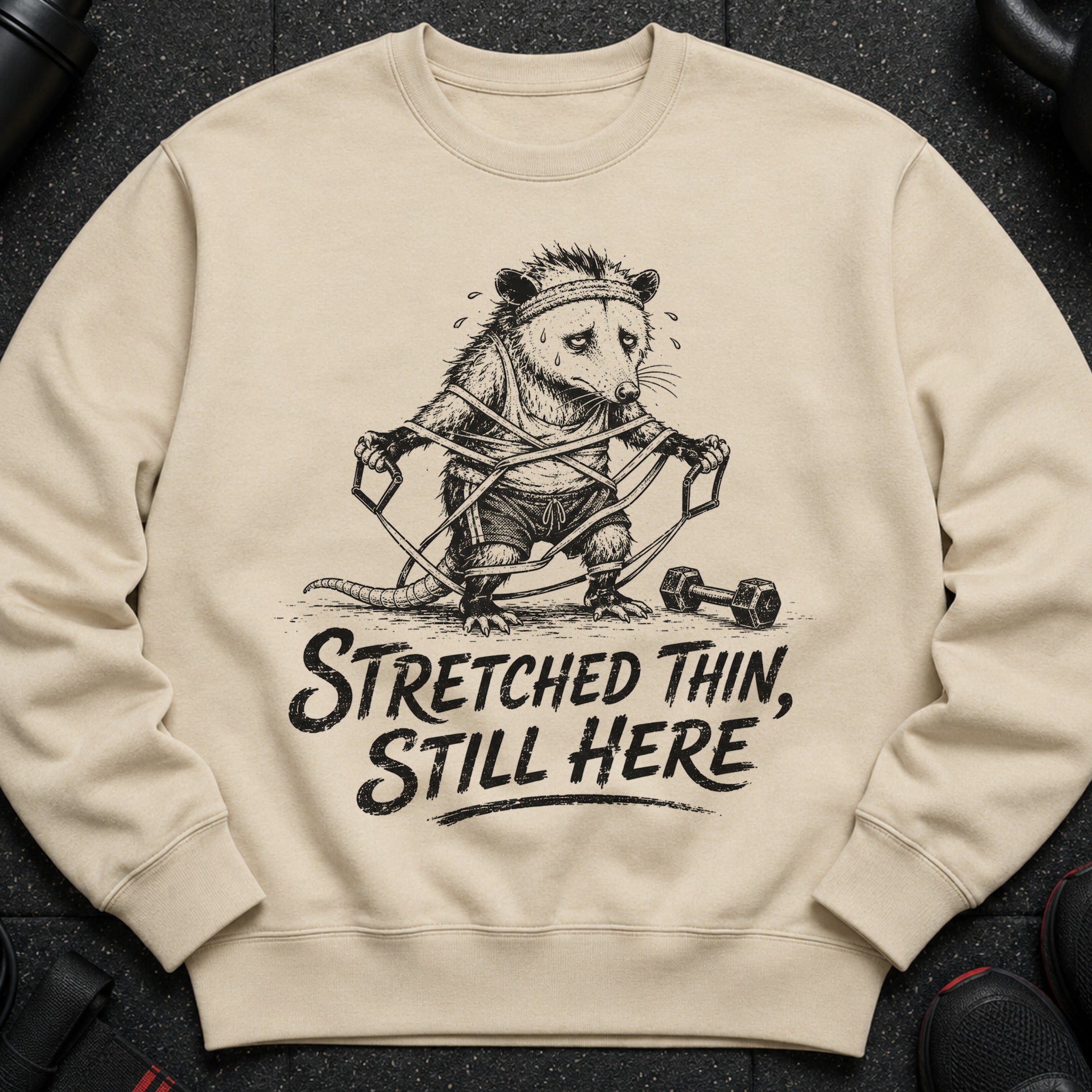 Sweatshirt with illustration of an exhausted opossum exercising, text reads "Stretched Thin, Still Here."
