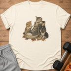 Three kittens play with shoelaces in a vintage sneaker on a wood surface.
