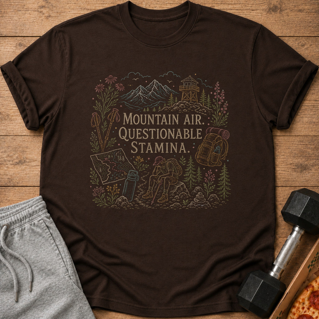 Brown t-shirt with "Mountain Air. Questionable Stamina." hiking graphic.
