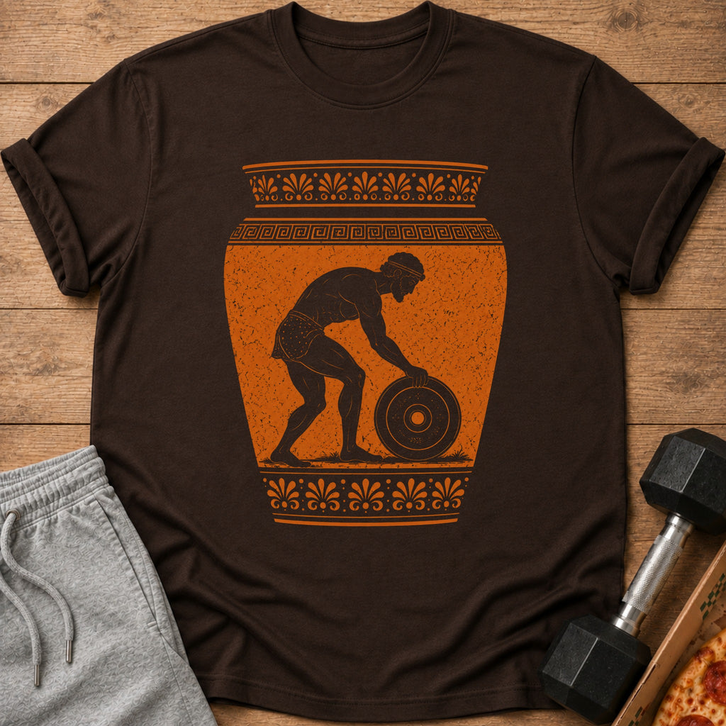 Brown t-shirt featuring an orange graphic of an ancient Greek athlete lifting a weight.