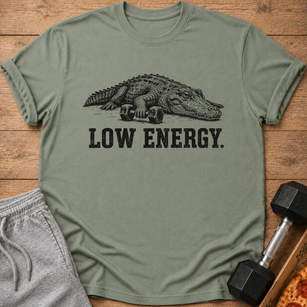 Olive green t-shirt with alligator and dumbbells graphic reading "LOW ENERGY."