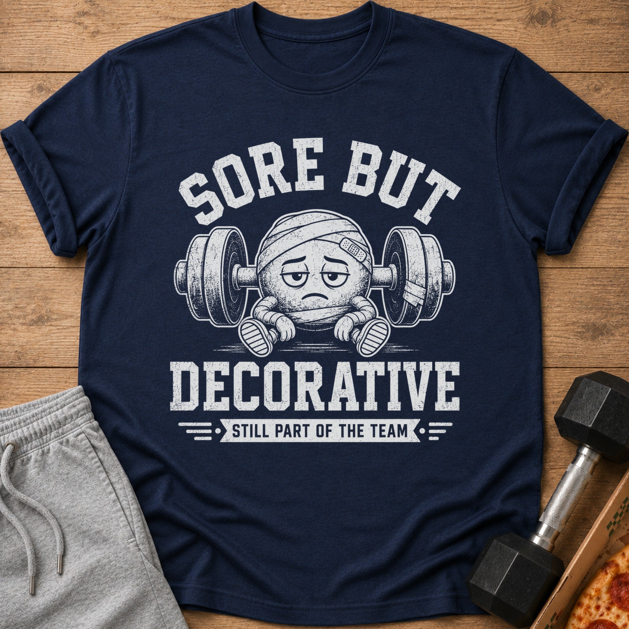 Navy t-shirt with "Sore But Decorative" and a bandaged ball on barbell.