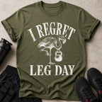 Olive green t-shirt with distressed flamingo graphic and text "I Regret Leg Day".