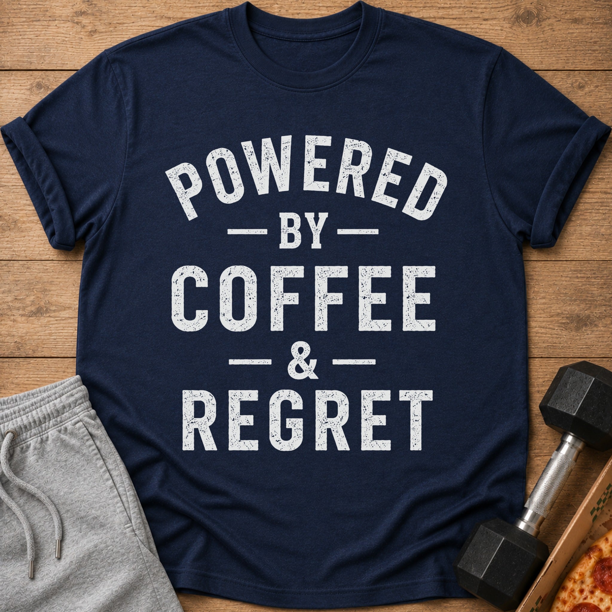 Navy t-shirt with white text "POWERED BY COFFEE & REGRET".