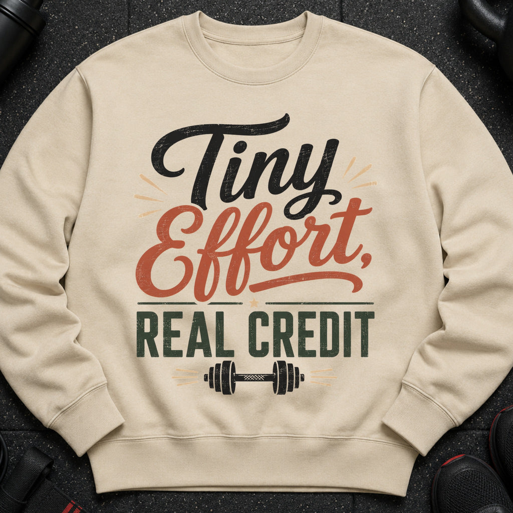 Light beige sweatshirt with "Tiny Effort, Real Credit" text and dumbbell graphic.