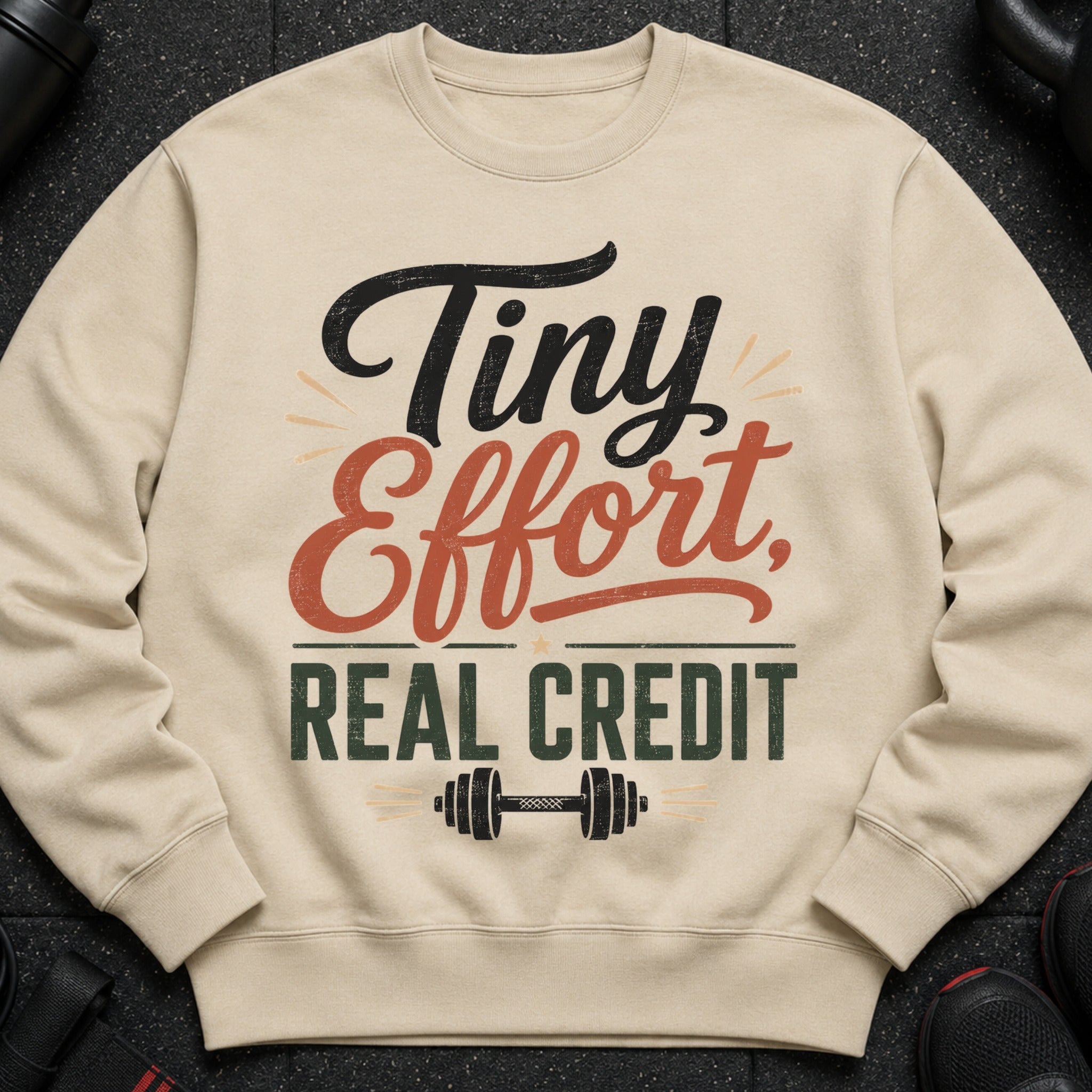 Light beige sweatshirt with "Tiny Effort, Real Credit" text and dumbbell graphic.
