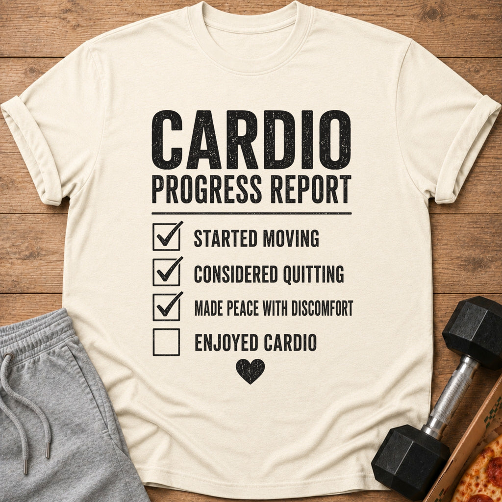 Cream t-shirt with "Cardio Progress Report" and checked list.