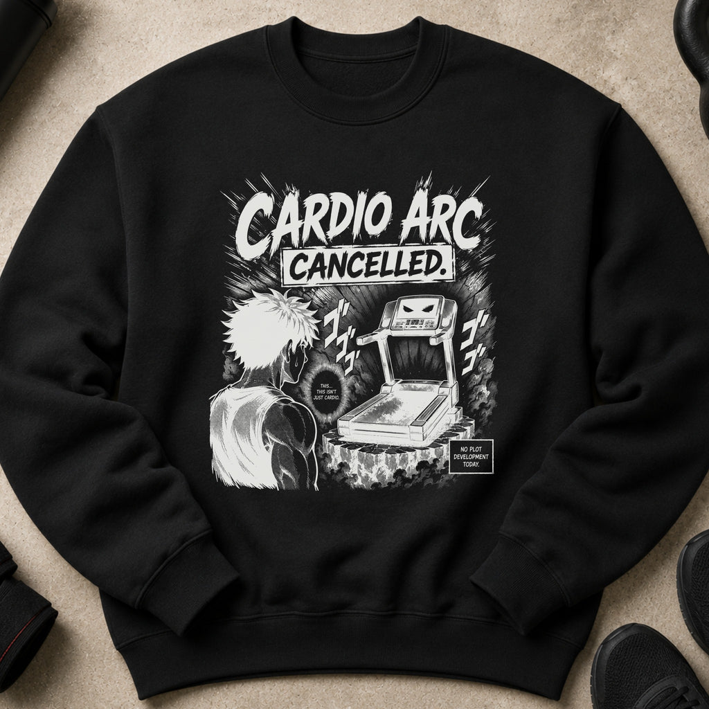 Black sweatshirt with graphic text "CARDIO ARC CANCELLED." and anime-style art.