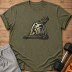T-shirt with treadmill graphic, woman running, clock, and heart monitor.