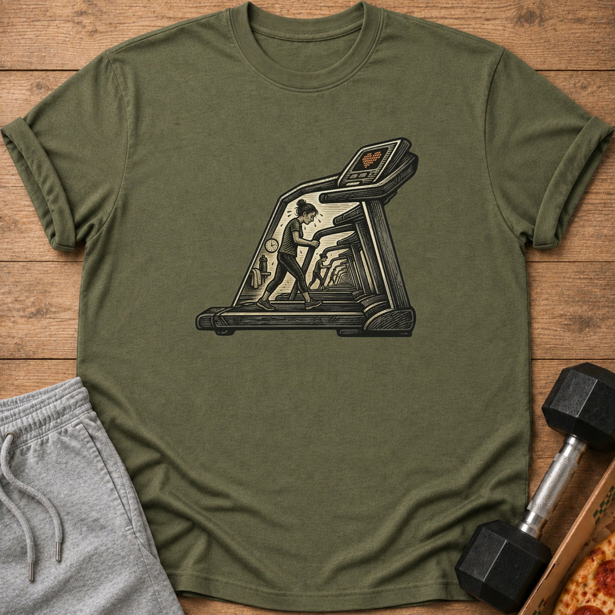T-shirt with treadmill graphic, woman running, clock, and heart monitor.