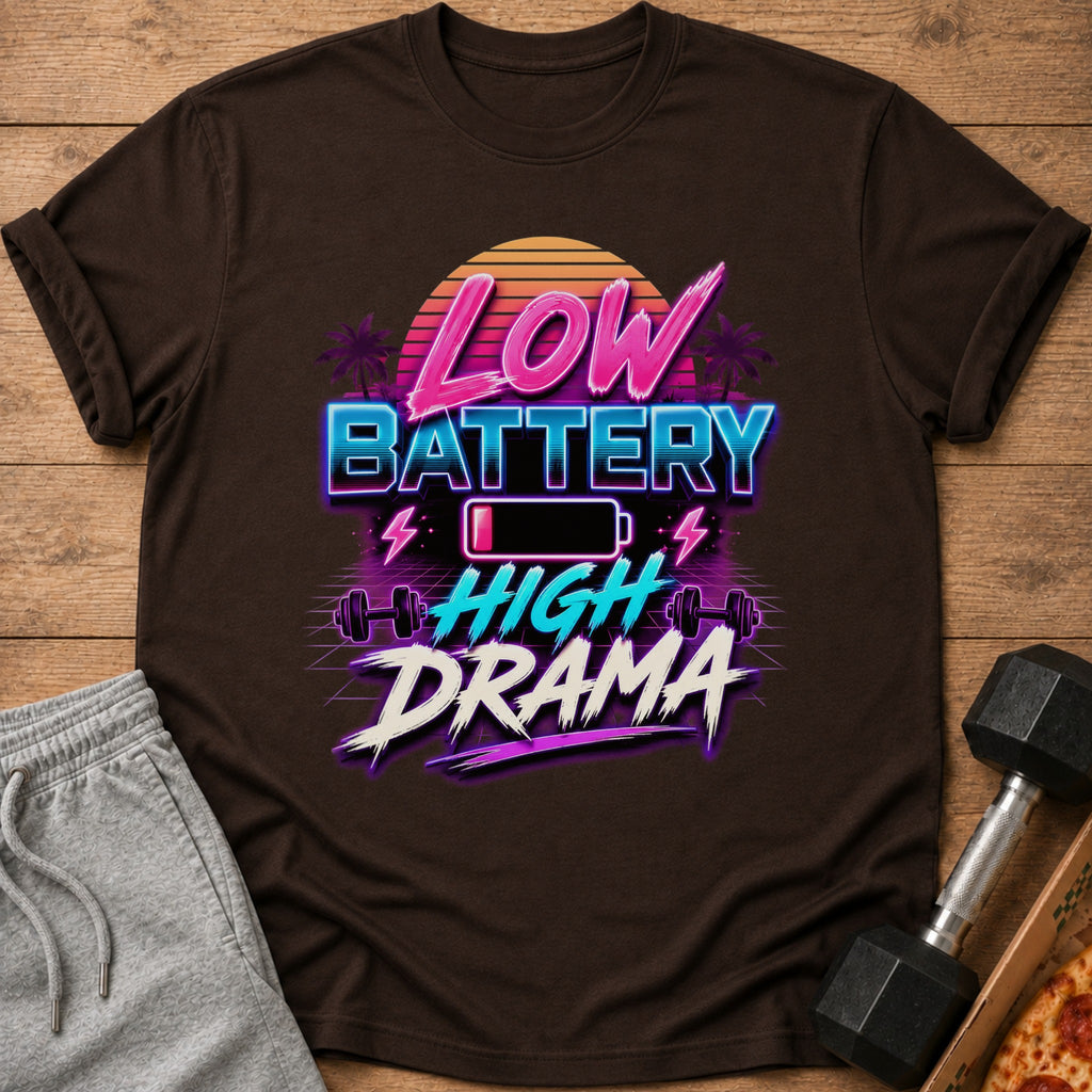 Brown t-shirt with "Low Battery High Drama" graphic, dumbbells, and pizza slice.