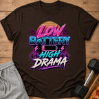 Brown t-shirt with "Low Battery High Drama" graphic, dumbbells, and pizza slice.