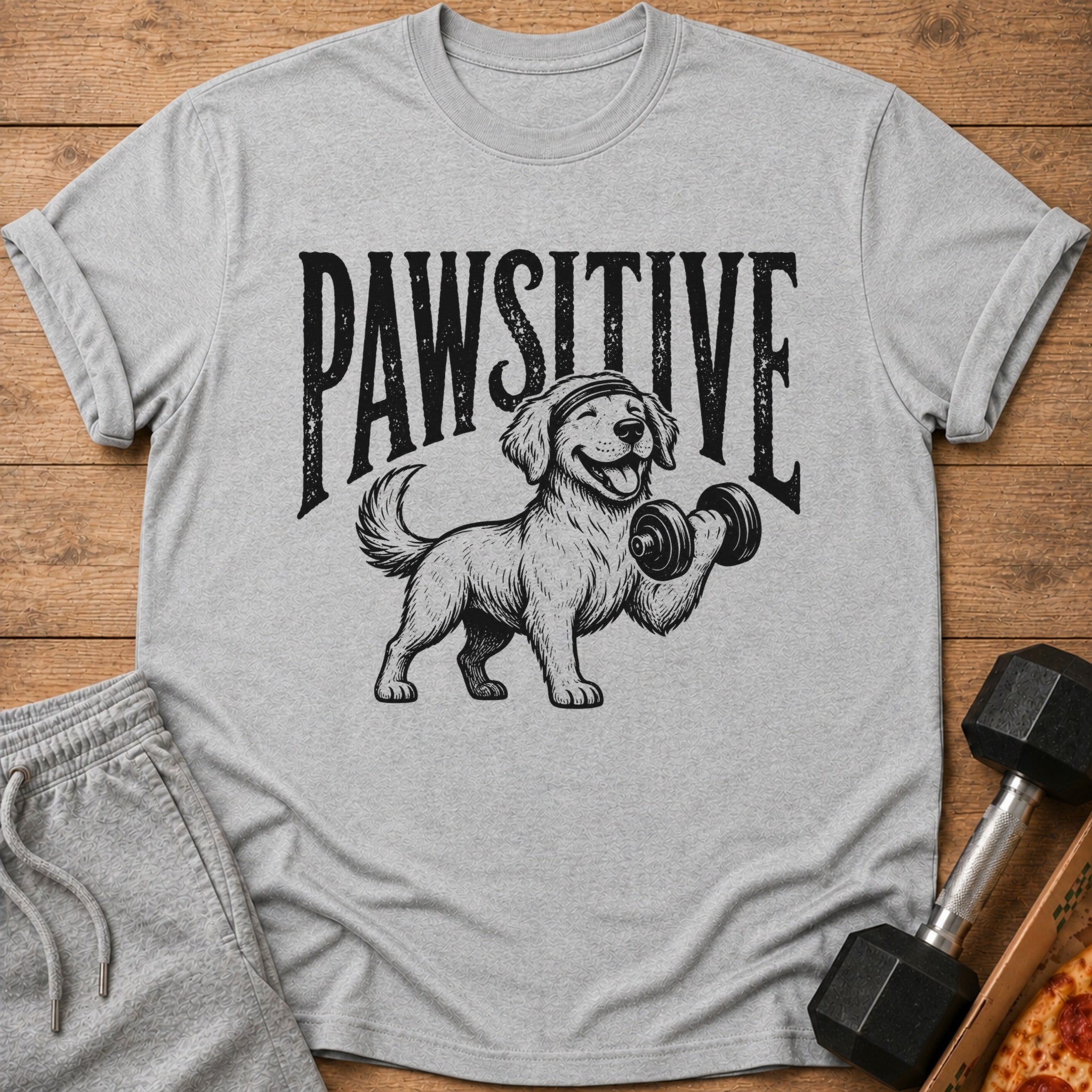 T-shirt with "Pawsitive" text and a dog lifting a dumbbell.