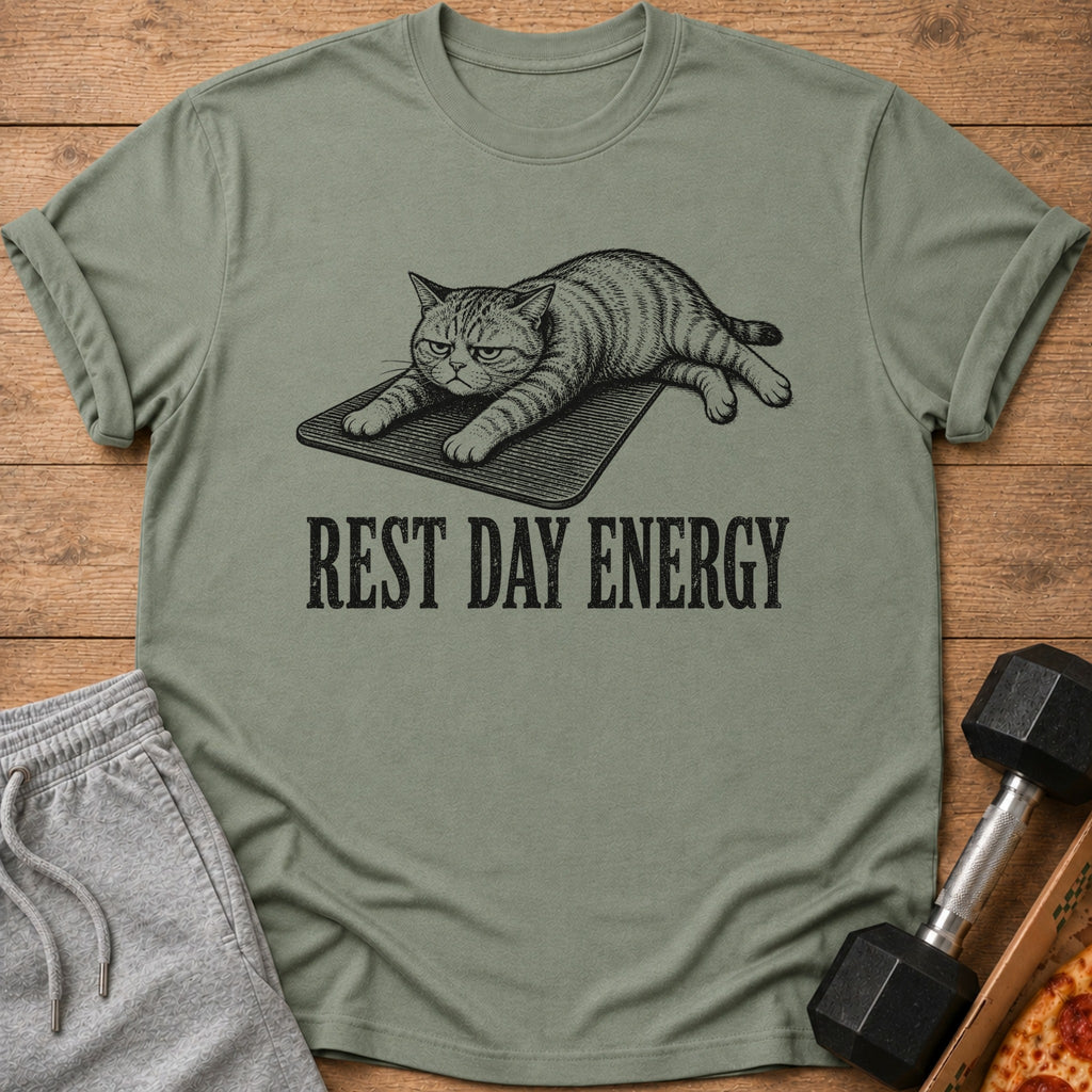 Green t-shirt with a cat illustration and "REST DAY ENERGY" text.